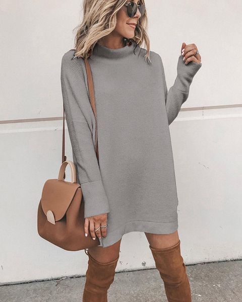 

2019 solid color fashion long sleeve round neck women's long dress 100261 wt19, Black;gray