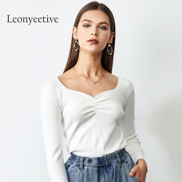 

2019 women sweater high elastic solid fall winter fashion sweater women slim knitted green, White;black
