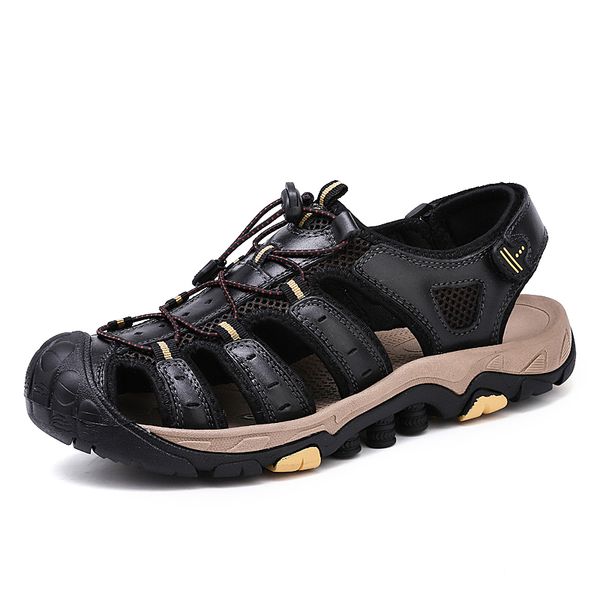 

summer shoes men sandals genuine leather business casual shoes man quality design outdoor beach sandals roman water man sneakers, Black