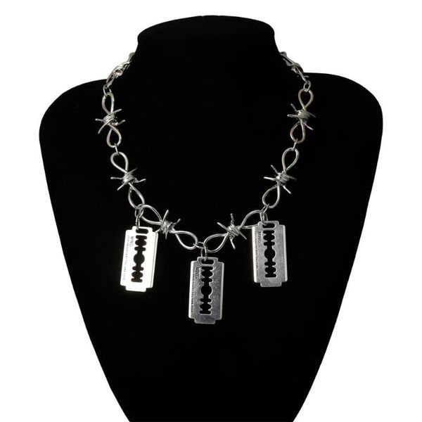 

lacteo neo gothic multi layered razor blade pendant necklace street punk barbed wire-chain choker necklace men women jewelry, Silver