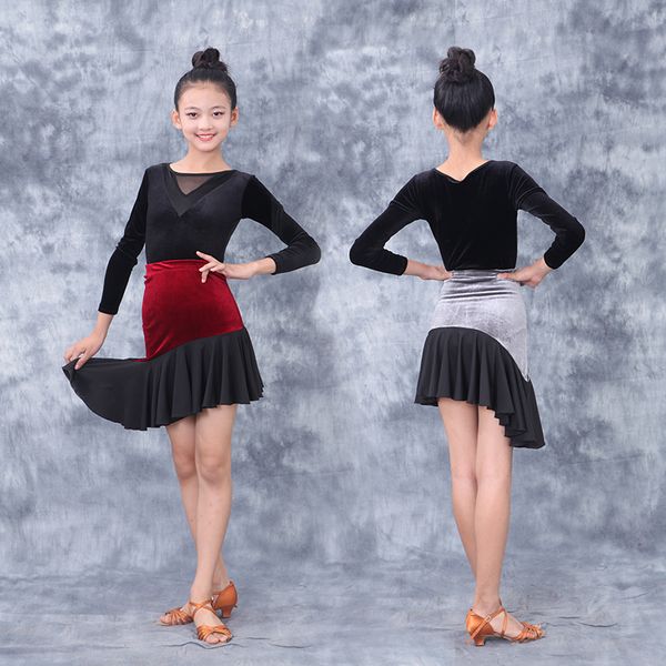 

stage wear kids dresses for girls velvet dance skirts robe danse latin competition performance dqs3401, Black;red