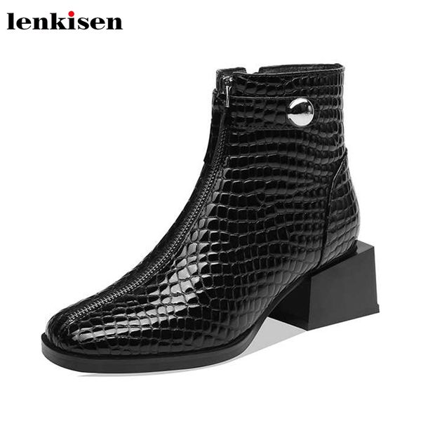 

lenkisen office lady fashion zip print daily wear metal fasteners square toe high heels winter women keep warm ankle boots l23, Black