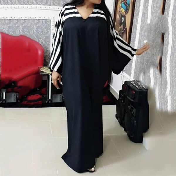

casual loose striped patchwork maxi dress african style 2020 spring long batwing sleeve long dress daily femme vestiods robe, Black;gray