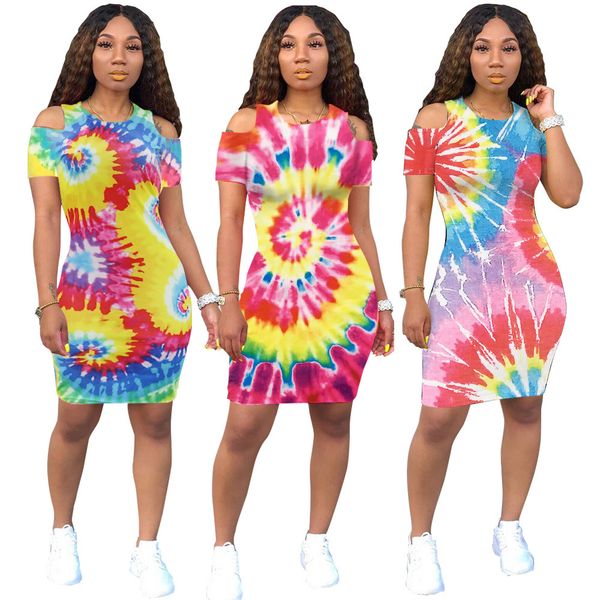 

2019 women summer tie dye black hole print cut out shoulder o-neck bodycon midi mini dress office lady dresses 3 color gla6206, Black;pink
