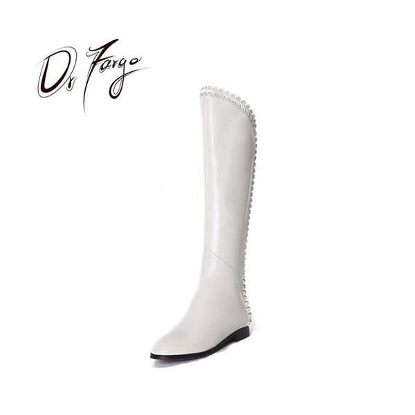 

drfargo 2019 genuine leather shoes women flat heel knee high black boots lace zipper back size 34-39 spring winter white boots