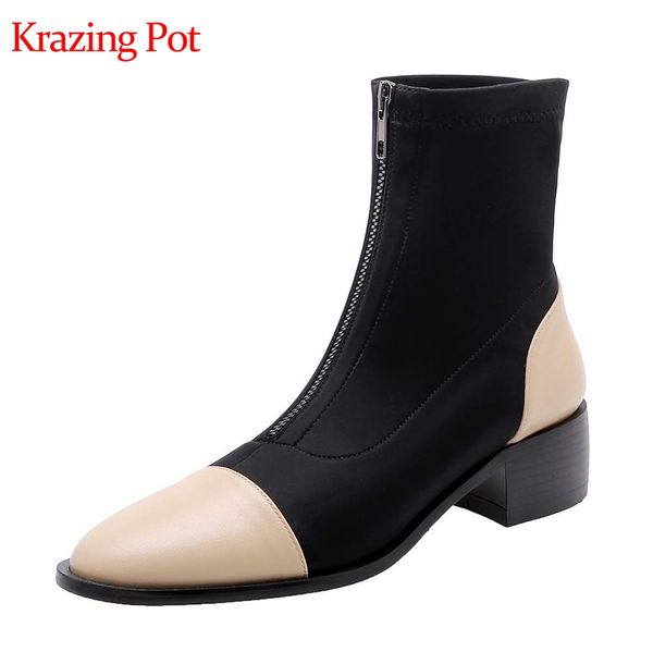 

krazing pot genuine leather front zip ound toe med heels gladiator dating keep warm nightclub stretch fabric boots l15, Black