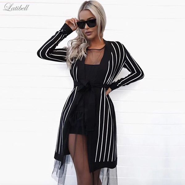

women bandage coat 2018 style fashion striped long sleeve belt slim elegant evening party long coats vestidos wholesales, Tan;black