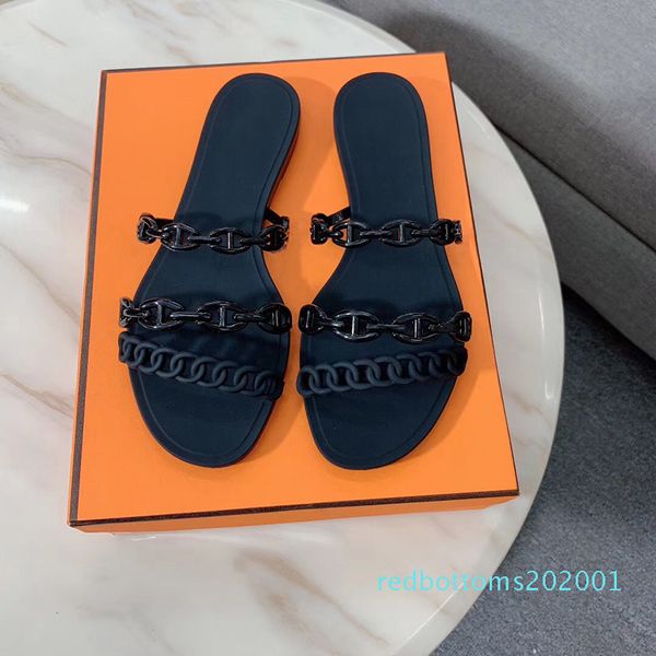 

women sandals designer slippers with chaine d'ancre sandals slides flat flip flops slippers party wedding shoes dr01, Black