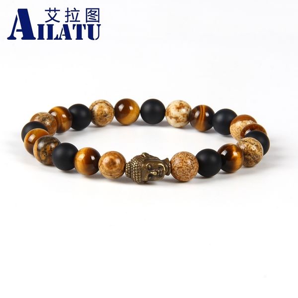 

ailatu new design wholesale 10pcs/lot 8mm picture with tiger eye stone beads bronze buddha head bracelet, Golden;silver