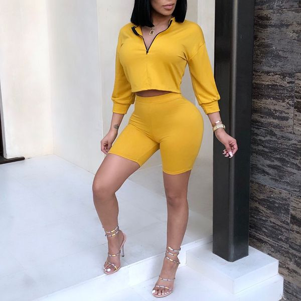 

womens two piece sets 2018 outfits shorts v neck solid elastic waist yellow pullover zippers street wear summer, White