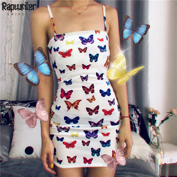 

high street butterfly print spaghetti strap sheath dress women 2020 summer bodycon backless ladies party mini dress, Black;gray