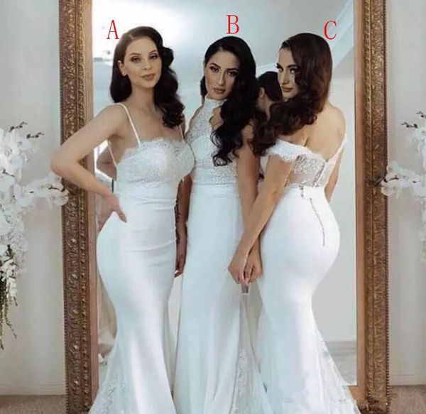 

2020 white stretch satin mermaid high neck bridesmaid dresses lace applique same color different style party formal gowns dresses for maid, White;pink