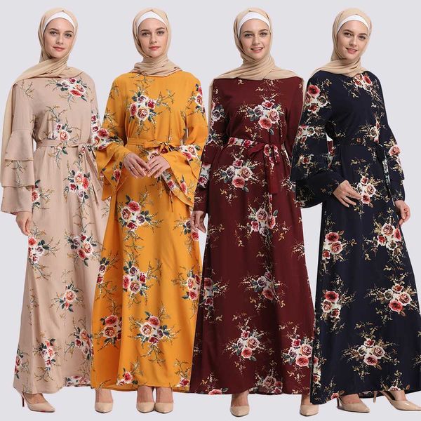 

muslim print abaya flare sleeve dress long robe gowns tunic kimono ramadan islamic prayer clothing worship service wholesale, Red