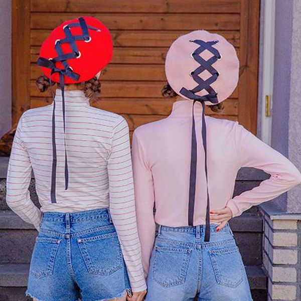 

2017 new sweet cute berets female hats soft macaron color ribbon woolen lolita beret vintage soft straps cross bow girls berets, Blue;gray