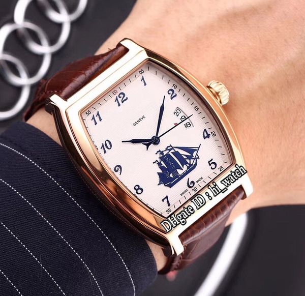 

new 42mm malte rose gold silver texture dial 3d gold sailboat automatic mens watch brown leather 6 colors watches for hi_watch g07b2, Slivery;brown