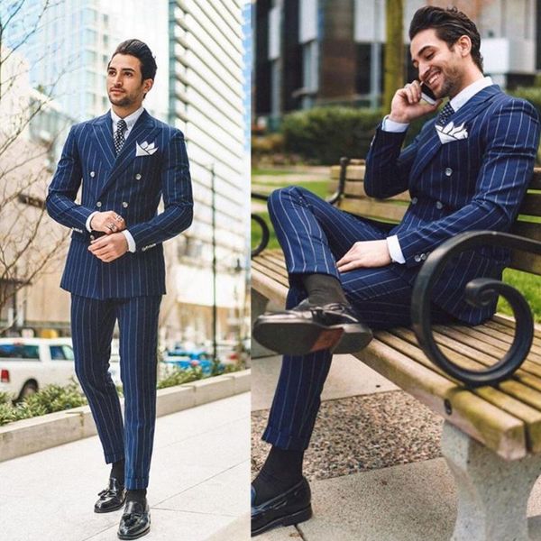 

2020 mens suits polyester blend 2 piece (coat+pants) peaked lapel terno masculino double-breasted striped suit slim fit, White;black