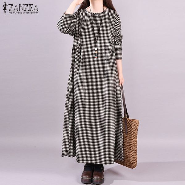 

zanzea women long sleeve shirt dress vintage plaid check long kaftan robe ladies o neck vestido 2019 autumn dresses plus size, Black;gray