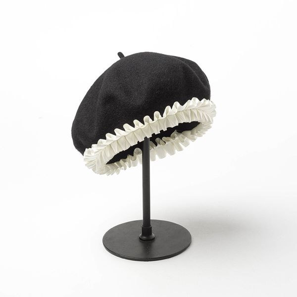 

berets winter pleated lace ribbon wool beret painter hat ladies fashion korean version autumn for women, Blue;gray