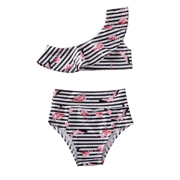 

0-4y toddler baby girls kid bikini sets one shoulder stripe + shorts swimsuit swimwear swimming outfit, White