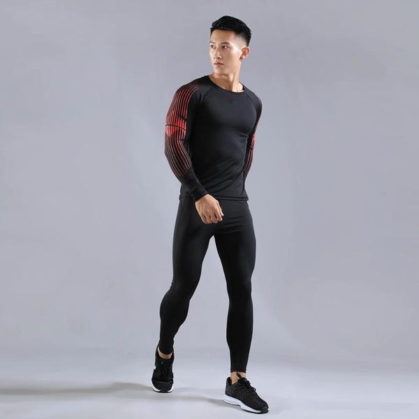 

men's sports fitness running t-shirt + pants-compression skin compression fitness training suits long sleeve yoga wear, Black;blue