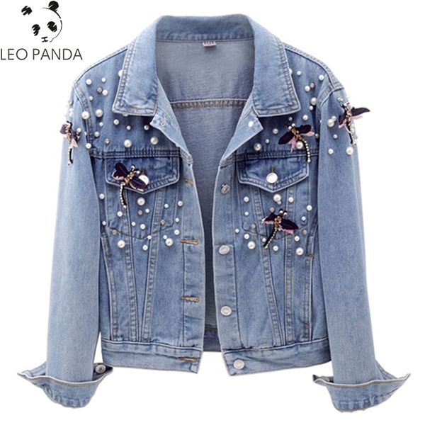 

2019 autumn short denim jackets new womens fashion beaded removable decorative three quarter denim coat female jacket, Black;brown