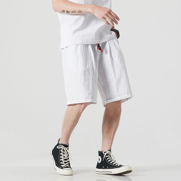 

men plus size cotton linen loose casual solid color shorts male japan style beach pant joggers street hip hop short trousers, White;black