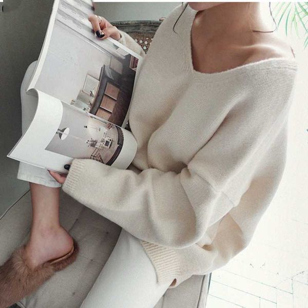

women's sweaters 2021 autumn winter v-neck long sleeve minimalist korean style knitting casual pink, White;black