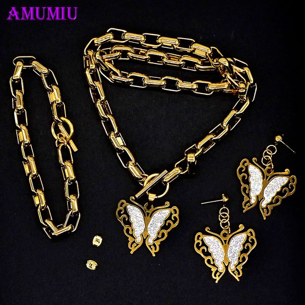

amumiu butterfly heart necklace stainless steel sets for women animal necklace earrings jewelry set wedding jewelry js094, Silver