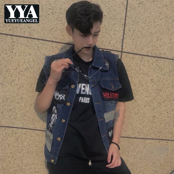 

spring summer new sleeveless vest men denim waistcoat korean slim fit high streetwear hip hop jacket fashion male clothes 2019, Black;white