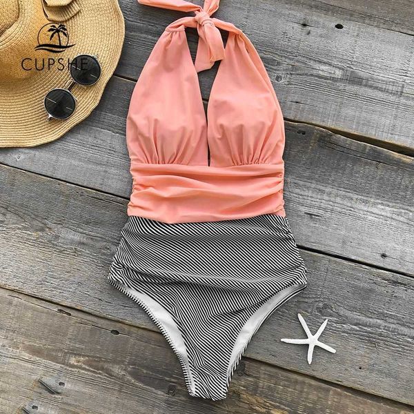 

cupshe keeping you accompained stripe one-piece swimsuit v neck backless halter bikini 2019 ladies beach bathing swimwear