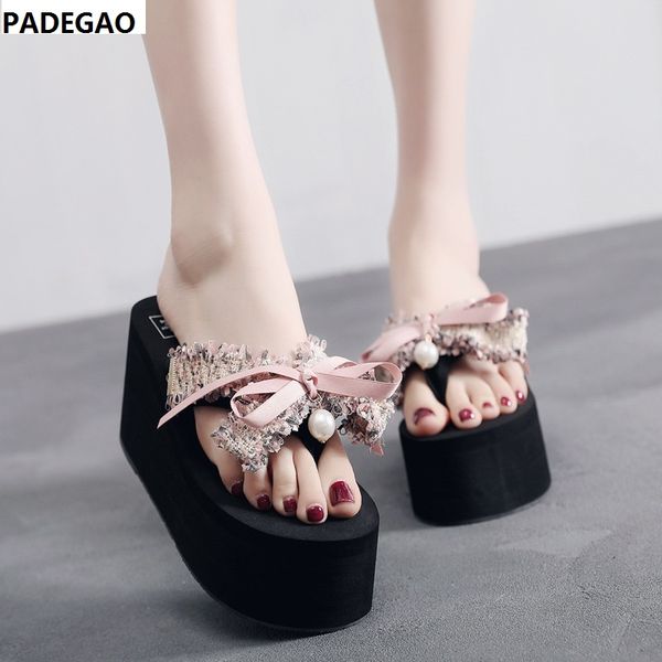 

simple fashion bow flip flops female summer 2018 new fashion slippers outside wearing beach sandals beach shoes, Black