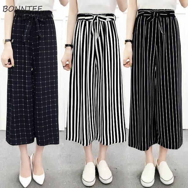 

pants women wide leg striped trousers womens breathable soft casual simple all-match sashes elastic high waist harajuku female, Black;white