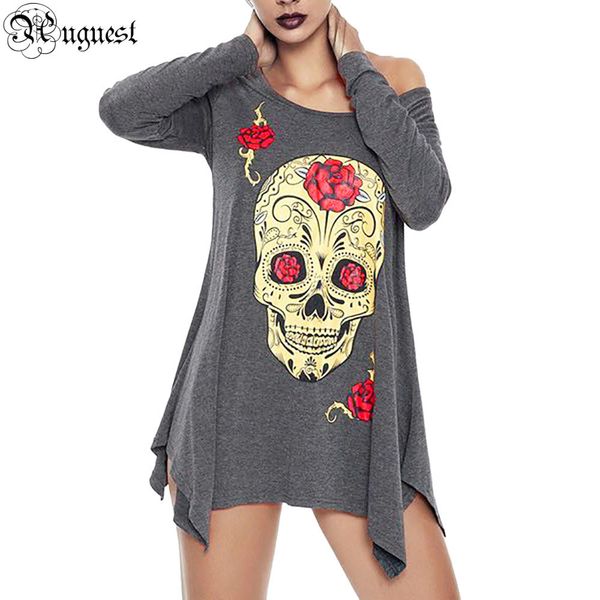 

uguest 2019 women skeleton skull printed dress plus size halloween o-neck casual long sleeve loose autumn black party dresses, Black;gray