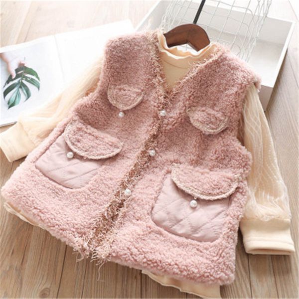 

2pcs set pearl girls fashion baby girls warm thicken sleeveless vests with pockets long sleeve dress kids vest, Blue