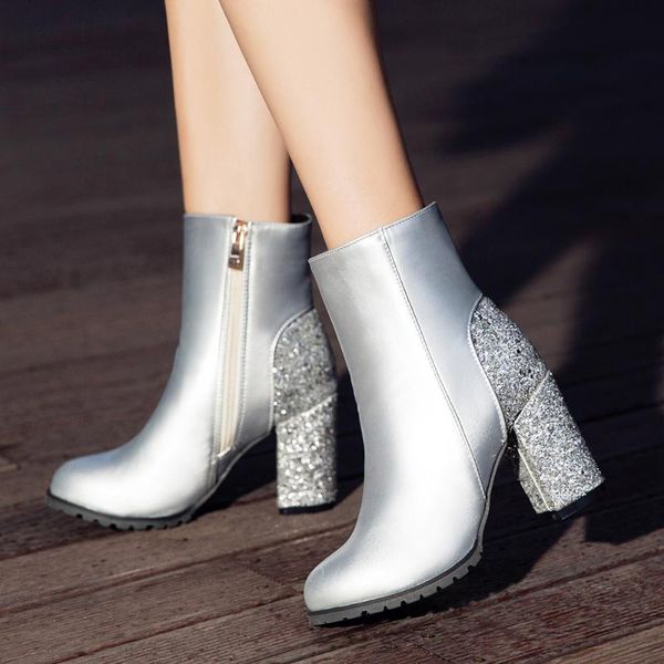 

women shoes fashion pu sequin ankle boots thick high heels zipper round toe autumn winter shoes woman red black gold silver 2018