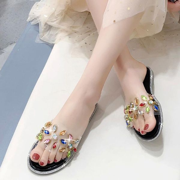 

slippers for woman rhinestones pvc slippers women outdoor candy-colored beach shoes spring summer new transparent slippers#g3, Black