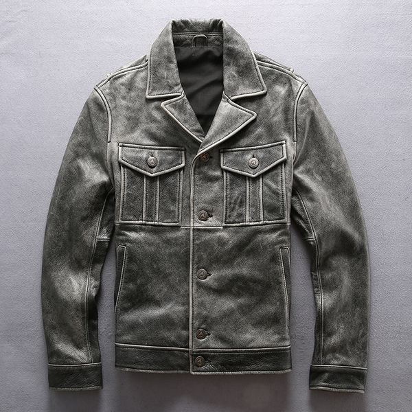 

2020 men's slim fit vintage lapel genuine leather jacket with four front pockets single breased natural cow leather coat men, Black