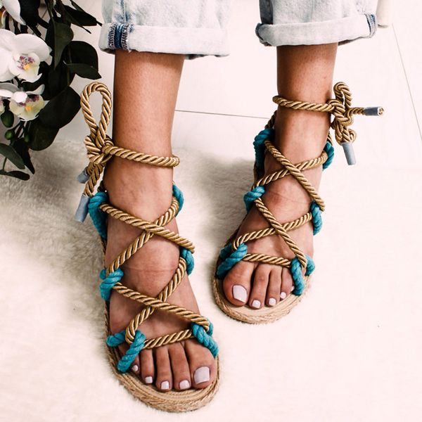 

summer women's shoes flat sandals twine tie gladiator sandals ankle strapped roman shoes sxjj067, Black