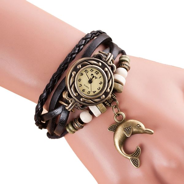 

2018 beautiful gift colorful vintage watch women watches weave wrap leather quartz bracelet wristwatches dolphin decoration, Slivery;brown
