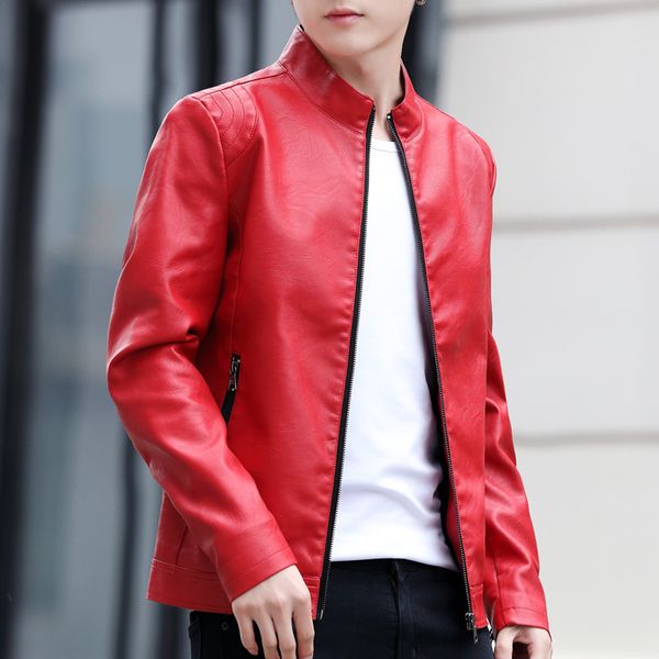 

2020 young men red collar leather coat of cultivate one's morality new motorcycle leather jackets fashion leisure, Black