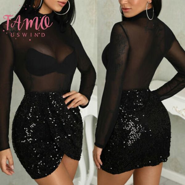 

сексуальный клуб 2020 женщины бандаж bodycon с длинным рукавом вечерняя вечеринка клубная одежда видеть сквозь короткое мини платье, Black;gray