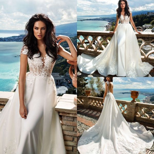 

innocentia 2019 beach mermaid wedding dresses with detachable train lace backless bridal gowns plus size wedding gown vestido de novia, White