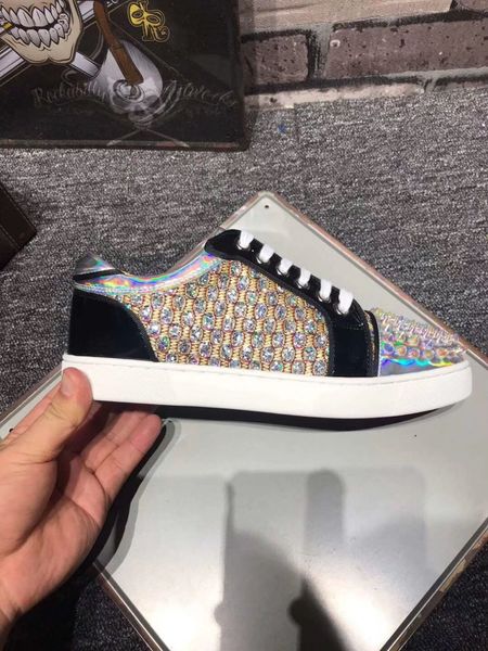 

с коробкой] низкие верхние юниоры женщины мужчины повседневная мода кроссовки с красным дном ​​горный хрусталь strass свадьба обувь dimaond, Black