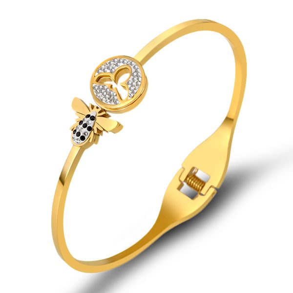 

classic insect design bees crystals bangle bracelet for women stainless steel gold color cuff bracelets famous jewelry gift, Black