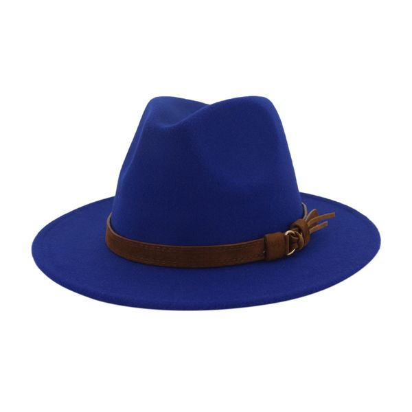 

plain belt buckle decorated australia wool felt jazz fedora hat men women flat brim panama formal hat trilby #l5, Blue;gray