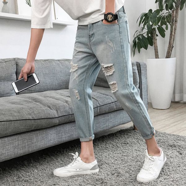 

2019 brand hole jeans men new men's slim elastic jeans fashion korean classic style denim pants trousers male plus size 36, Blue