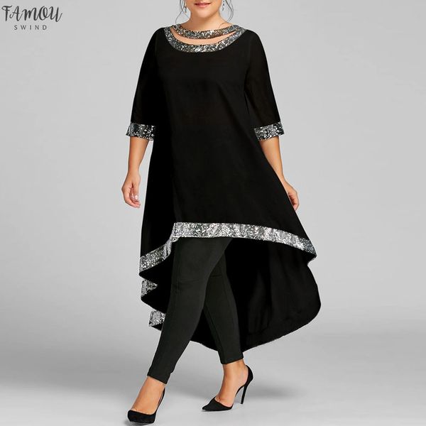 

2020 new style women plus size o-neck three-quarter sequined trim high low dress summer 2020 sales, Black;gray