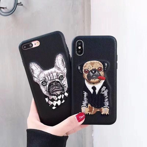 

2019 cool embroidered dog cell phone case for iphone xs max xr bulldog fashion leather anti-falling shell cover for iphone 6 7 8plus