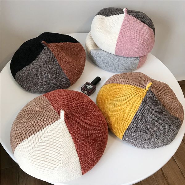 

fashion autumn winter women berets hats 2019 new arrivals korean style lovely female students patchwork hats caps, Blue;gray