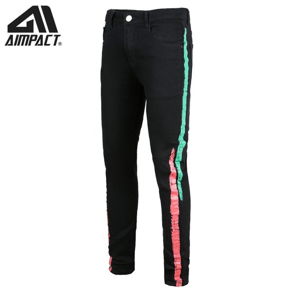 

aimpact fashion print men's jeans casual slim fitted hiphop denim joggers pants elasticity skinny jeans am5311, Blue